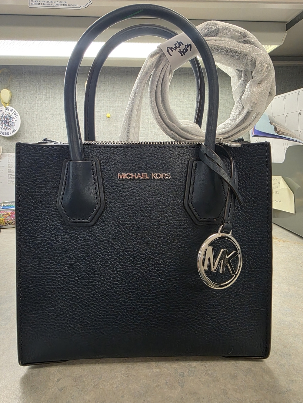 Michael Kors Dark Blue Pebbled Leather Satchel with Silver MK Charm